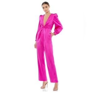 Ieena Mac Duggal Fuchsia Pink Long Sleeve Rushed Plunge V-Neck Jumpsuit Size 10